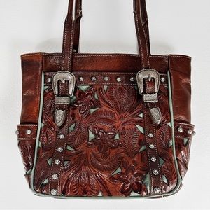 American West Desert Flower Zip Top Tote Tan Brown And Turquoise